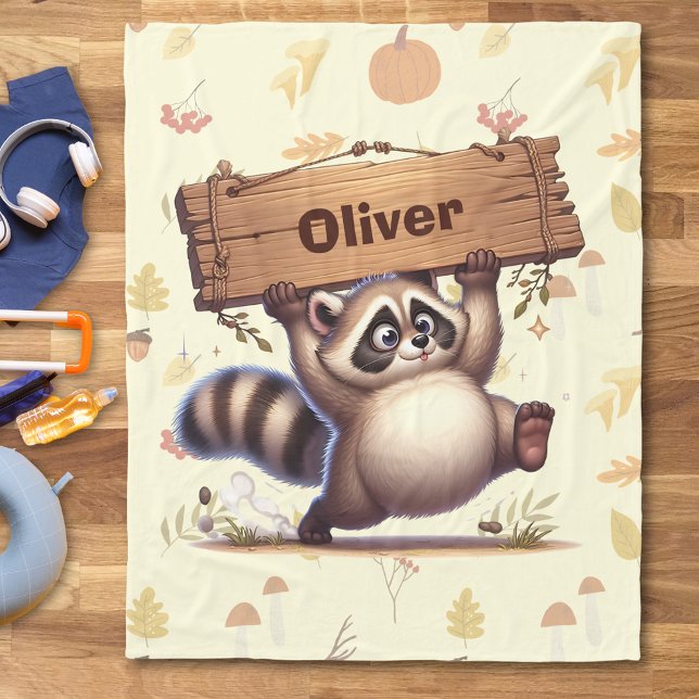 Cute Chubby Racoon with Wooden Name Plate  Fleece Blanket (Creator Uploaded)