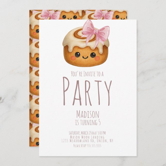 Cute Cinnamon Roll Bun Girl Birthday Party Invitation (Front/Back)
