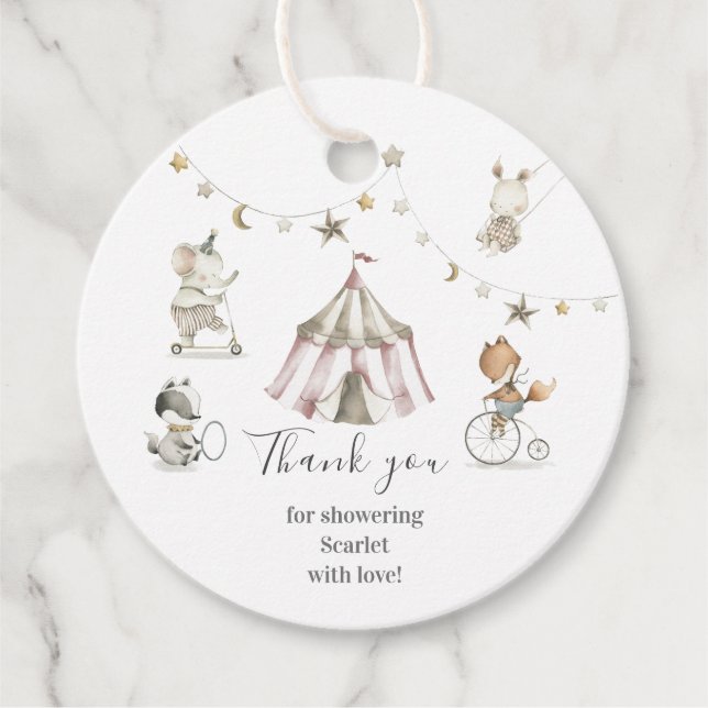 Cute Circus Animals Baby Shower  Circle Favour Tag (Front)