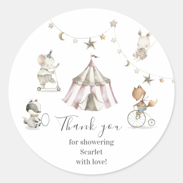 Cute Circus Animals Baby Shower Classic Round Sticker (Front)