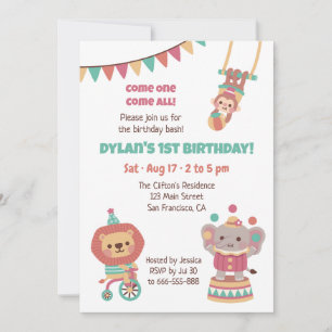 Cute Circus Animals Kids Birthday Party Invitation