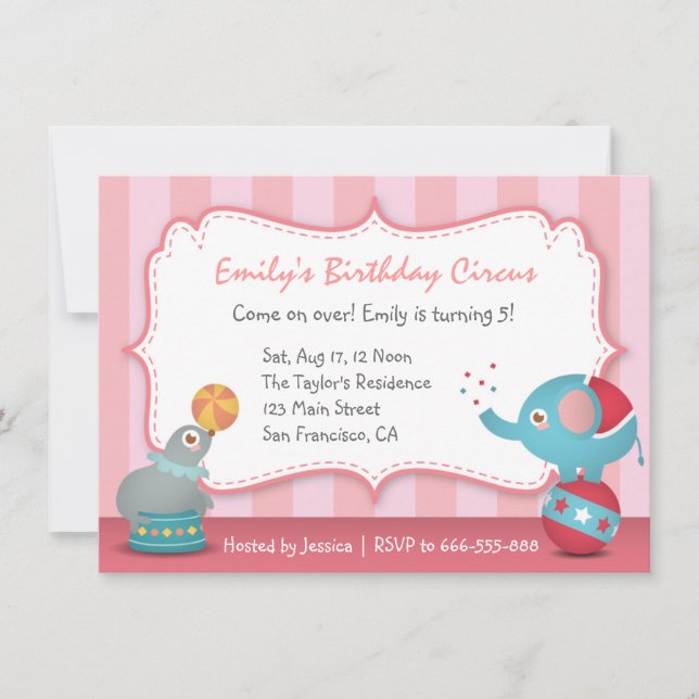 Cute Circus Animals Theme Birthday Party, for Kids Invitation (Front)