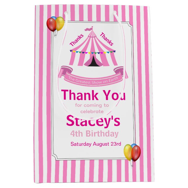 Cute Circus Birthday Party Thank You Pink Medium Gift Bag (Front)