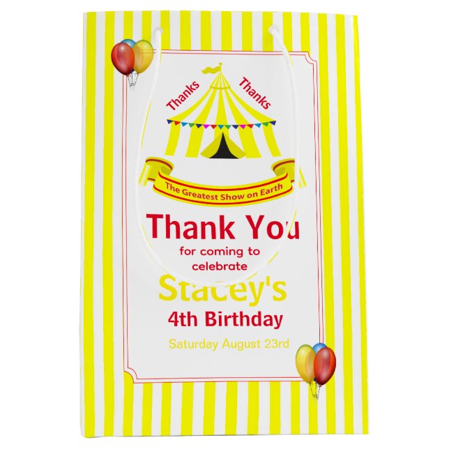 Cute Circus Birthday Party Thank You Yellow Medium Gift Bag (Front)