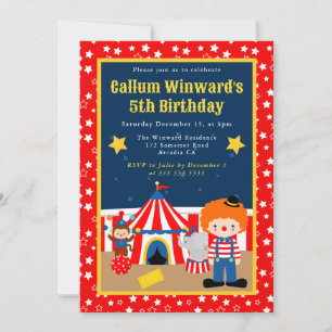 Cute Circus Boy Clown Kids Birthday Invitation