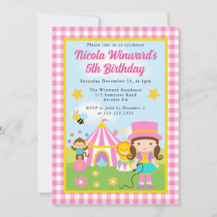 Cute Circus Brunette Girl Trainer Kids Birthday Invitation