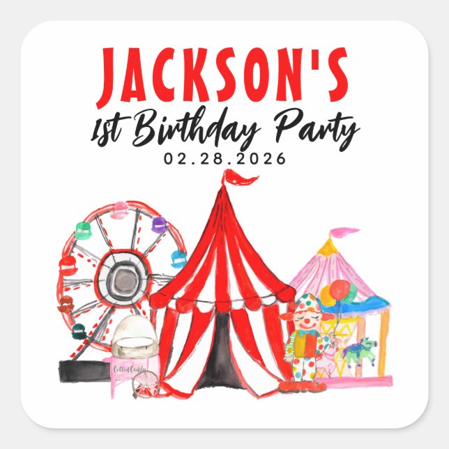 Cute Circus Carnival Festival Show Birthday Favour Square Sticker (Front)