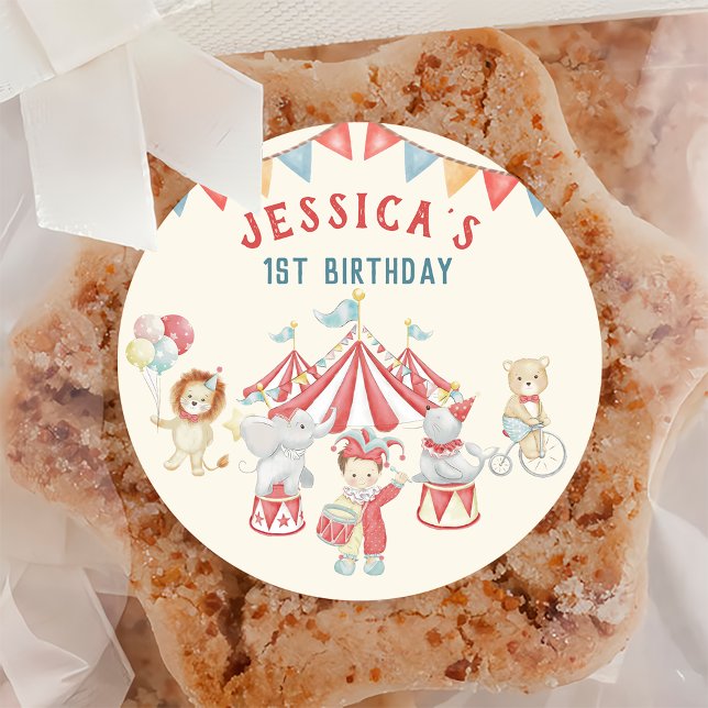Cute Circus Carnival Show Birthday Party Classic Round Sticker (Creator Uploaded)