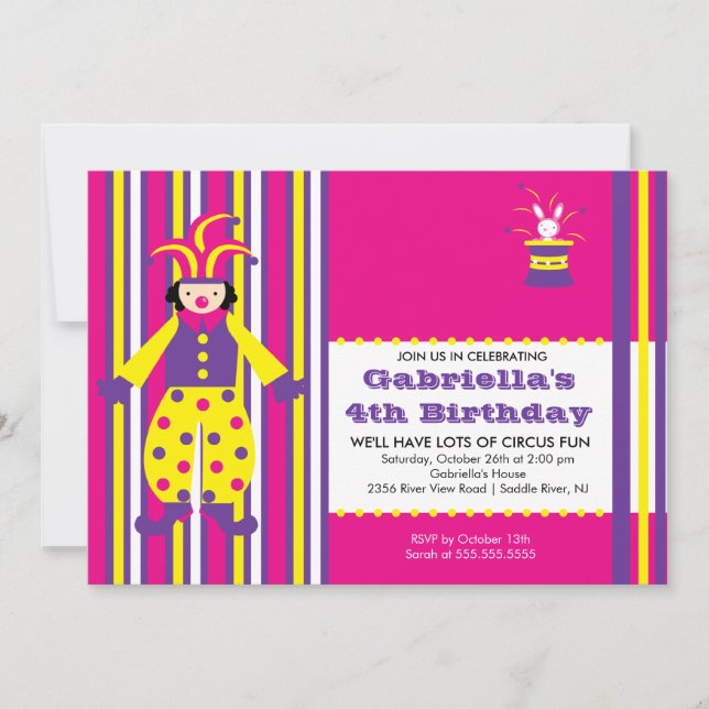 CUTE Circus Clown Birthday Party Invitation (Front)