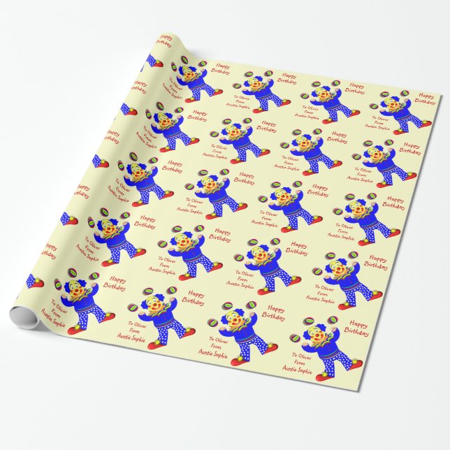 Cute Circus Clown Personalised Gift Wrapping Paper (Unrolled)