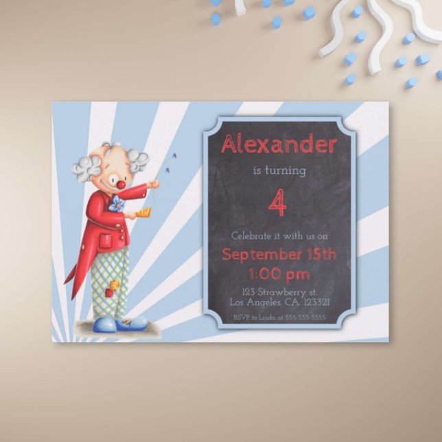 Cute Circus Clown Sunburst Birthday Invitation (Creator Uploaded)
