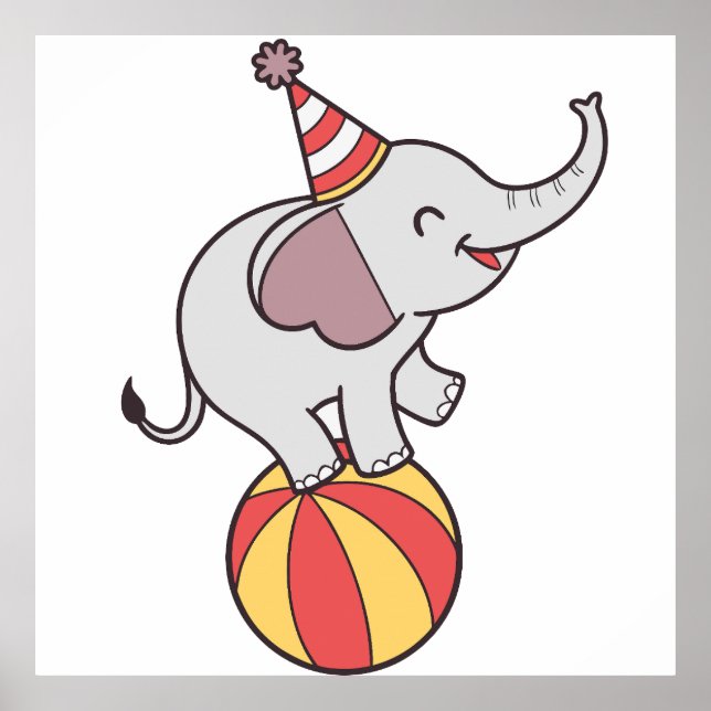 Cute Circus Elephant on Ball – Birthday Party Illu Poster (Front)