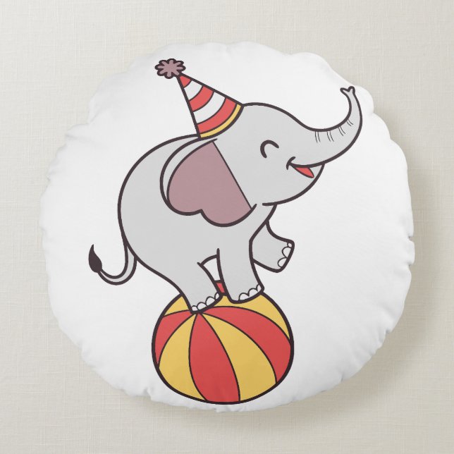 Cute Circus Elephant on Ball – Birthday Party Illu Round Cushion (Front)