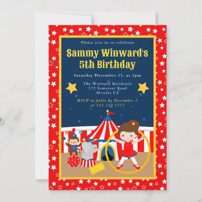 Cute Circus Girl Hula Hoop Kids Birthday  Invitation (Front)