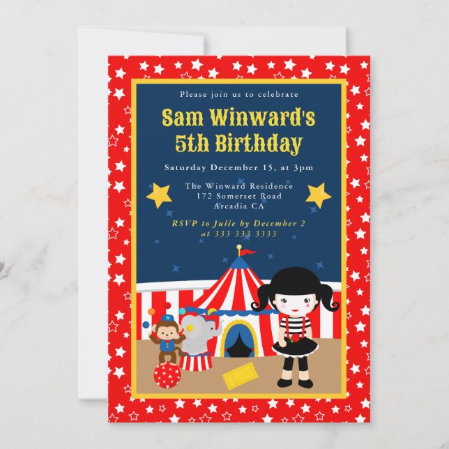 Cute Circus Girl Mime Kids Birthday  Invitation (Front)