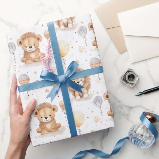 Cute Circus Lions Balloons Pattern Baby Shower Wrapping Paper (Gifting)