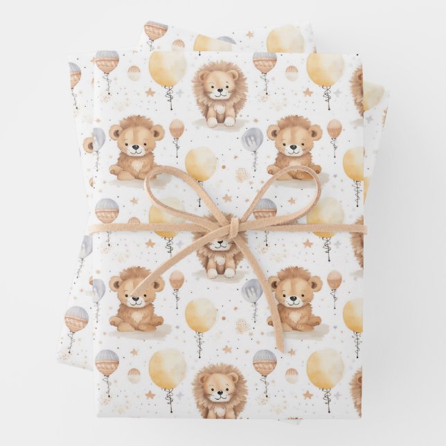 Cute Circus Lions Balloons Pattern Baby Shower Wrapping Paper Sheet (In situ)