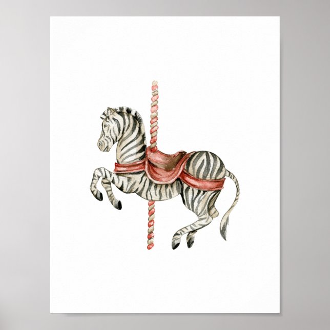 Cute Circus Zebra Carousel Carnival Nursery Poster (Front)