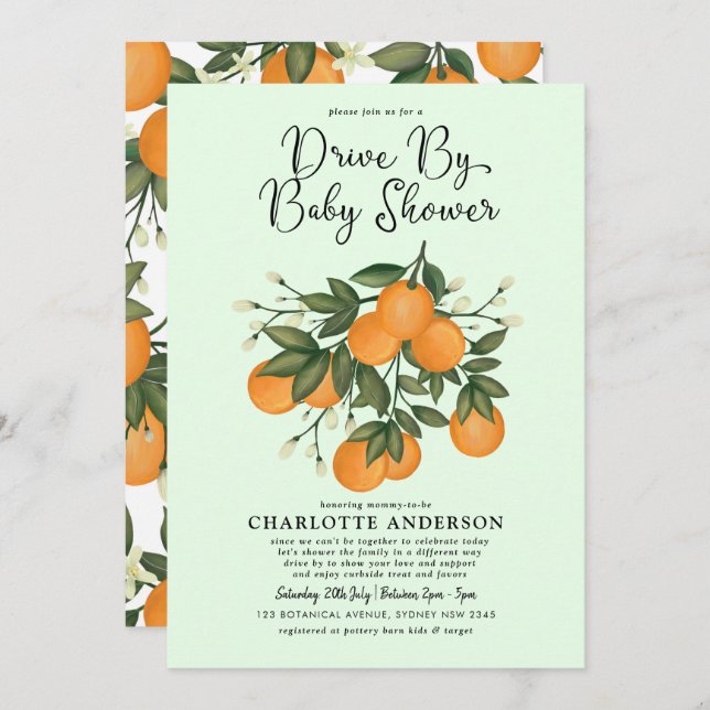 Cute Citrus Drive By Baby Shower Orange Quarantine Invitation (Front/Back)