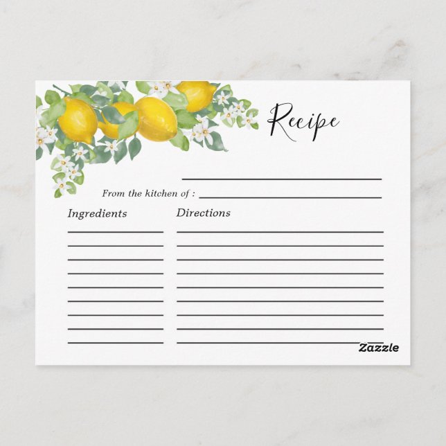 Cute Citrus Lemon Themed Bridal Shower Recipe Card (Back)