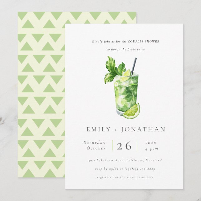 Cute Citrus Mint Cocktail Couples Shower Invite (Front/Back)