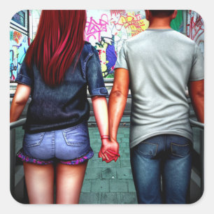 Cute City Couple Holding Hands Urban Art Square Sticker