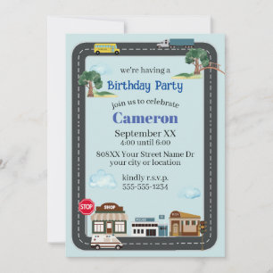 Cute City Scene Transportation Road on Blue Invitation
