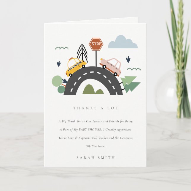 Cute Cityscape Urban Vehicle Cars Road Baby Shower Thank You Card (Front)