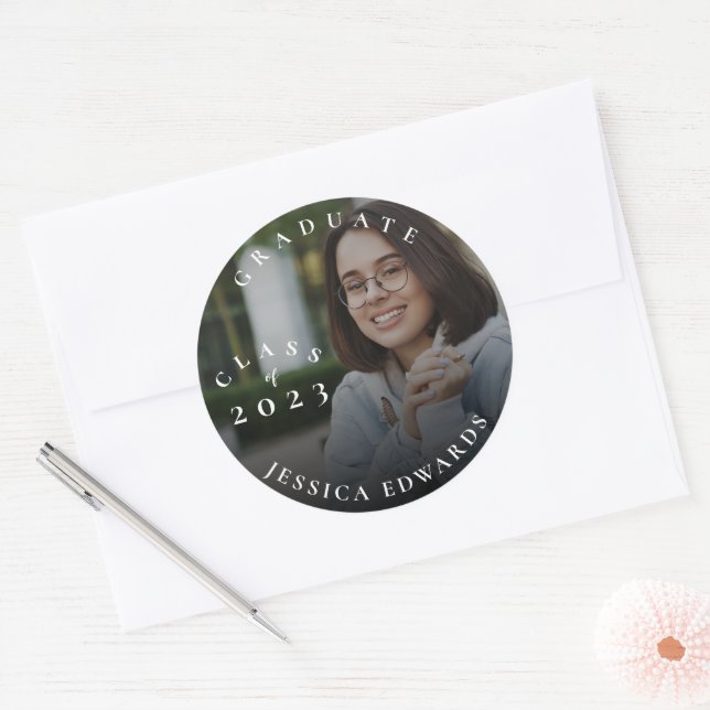 Cute Class Of 2023 Photo Graduation Announcement  Classic Round Sticker (Envelope)