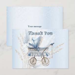 Cute Classic Baby Stroller Blue Floral Beautiful Thank You Card
