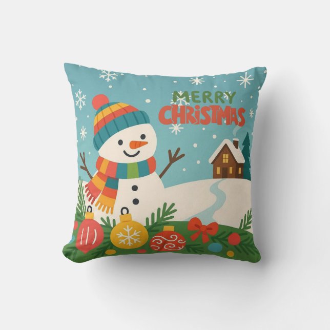 Cute, classic Merry Christmas snowman Cushion (Front)