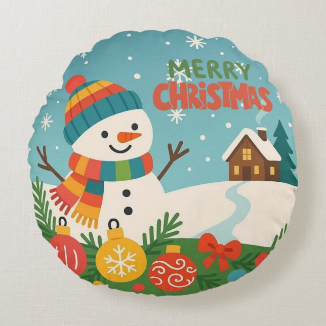 Cute, classic Merry Christmas snowman Round Cushion (Front)