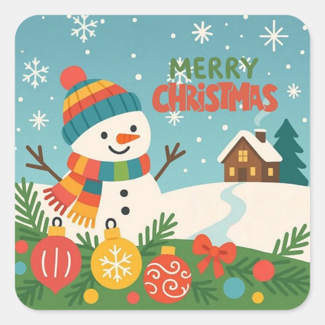Cute, classic Merry Christmas snowman Square Sticker (Front)