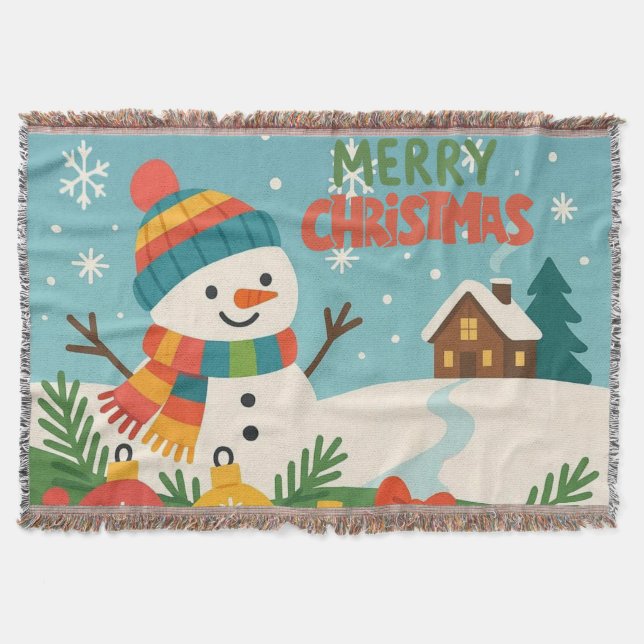 Cute, classic Merry Christmas snowman Throw Blanket (Front)