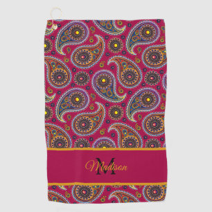 Cute Classic Paisley Red Yellow Monogram     Golf Towel