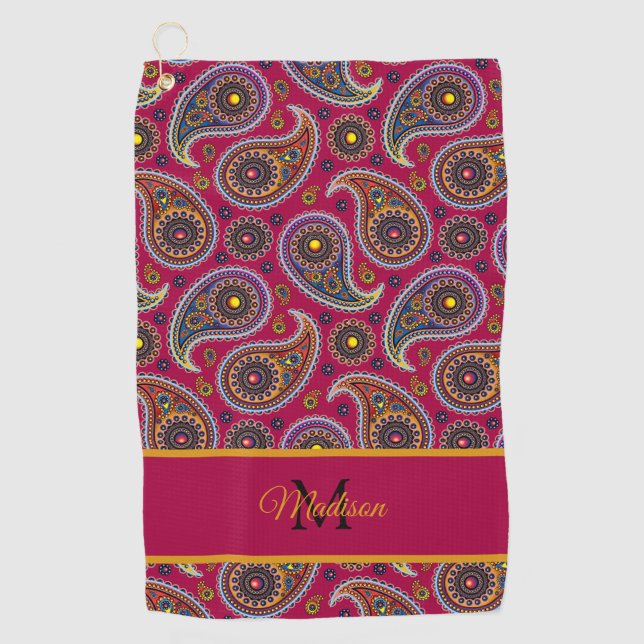 Cute Classic Paisley Red Yellow Monogram     Golf Towel (Front)