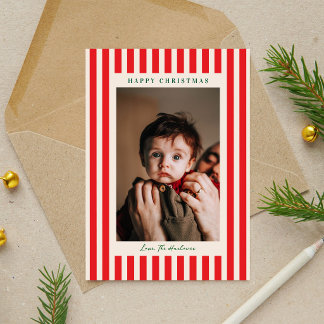 Cute Classic Red Stripe Photo Christmas Holiday Card