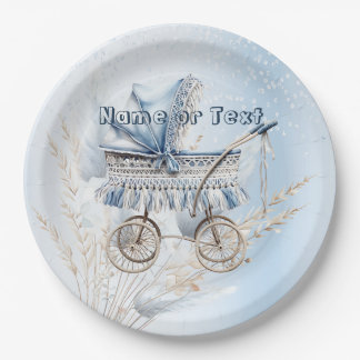 Cute Classic Stroller Blue Floral Beautiful Party Paper Plate