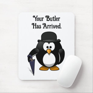 Cute Classy Butler Penguin Cartoon with Umbrella Mouse Mat