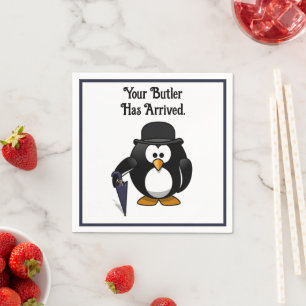 Cute Classy Butler Penguin Cartoon with Umbrella Napkin