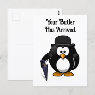 Cute Classy Butler Penguin Cartoon with Umbrella Postcard