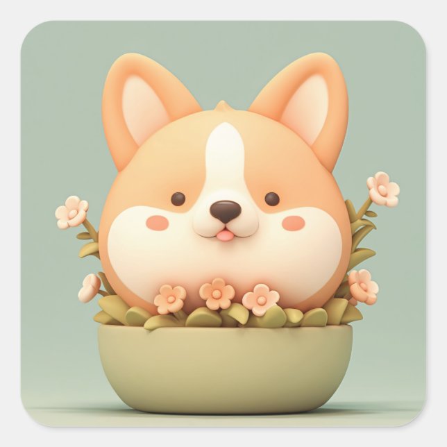 Cute Clay Corgi in Pastel Flower Pot Square Sticker (Front)