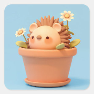 Cute Clay Porcupine in Orange Pot Square Sticker