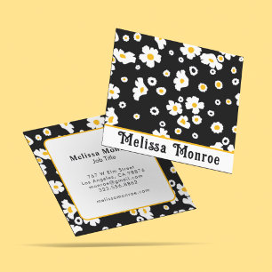Cute Clean Simple Yellow & White Flowers Black Square Business Card