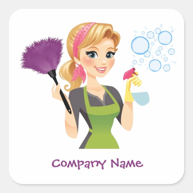 Cute Cleaning Cartoon Housekeeping Maid Service Square Sticker (Front)
