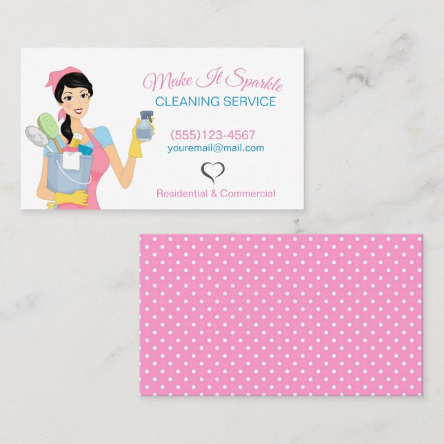 Cute Cleaning Maid Pink Polka Dot Business Card (Front/Back)