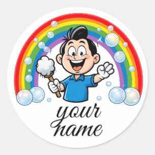 Cute Cleaning Mascot Rainbow Cartoon Design Art Classic Round Sticker