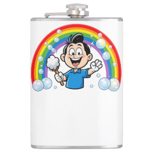 Cute Cleaning Mascot Rainbow Cartoon Design Art Hip Flask