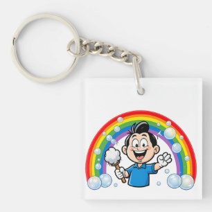 Cute Cleaning Mascot Rainbow Cartoon Design Art Key Ring