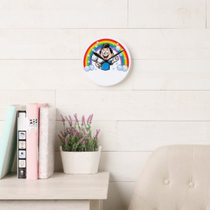 Cute Cleaning Mascot Rainbow Cartoon Design Art Round Clock